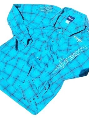 Wrangler Men's Snaps Shirt Bright Turquoise Plaid Button-Down sz l Westernwear